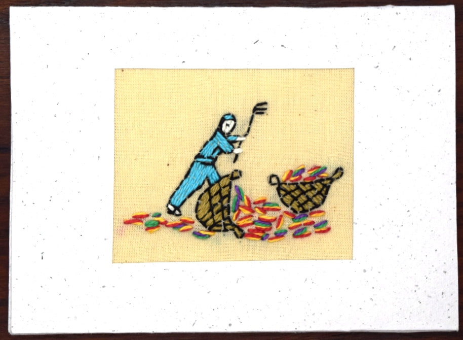 Card, embroidered, Village collection-Gathering animal food