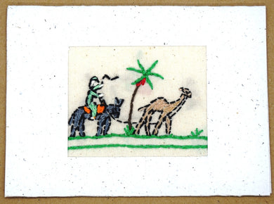Card, embroidered, Village collection-Donkey and camel