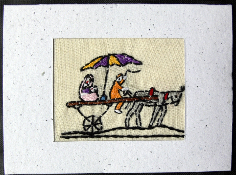 Card embroidered, Village collection-Family outing