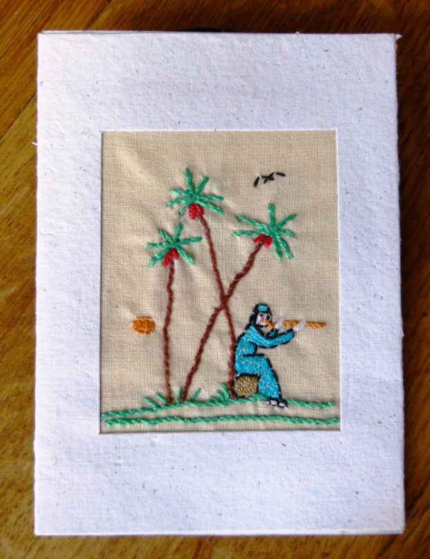 Card, embroidered, Village collection-Flute player