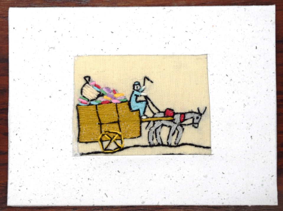 Card, embroidered, Village collection-Garbage collector