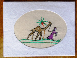 Card, embroidered, Village collection-Girl & camel