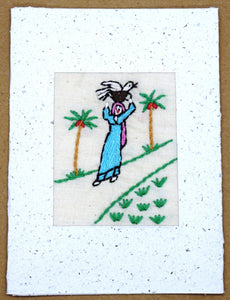 Card, embroidered, Village collection-Woman & goose