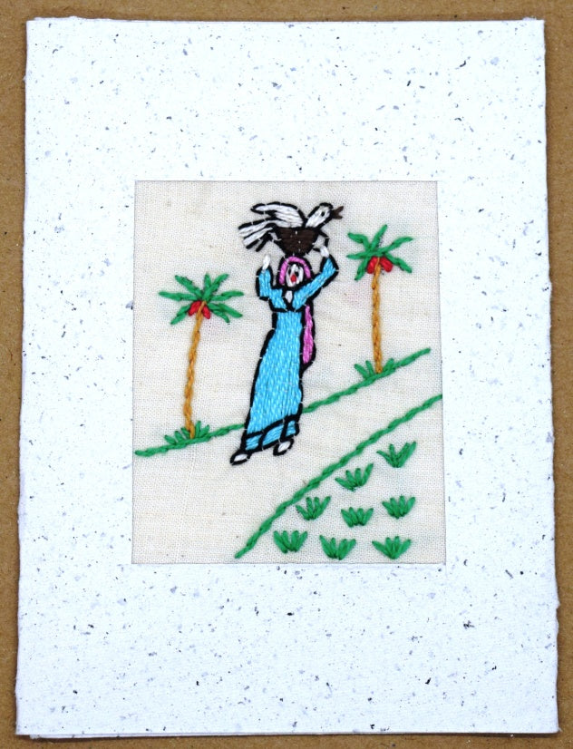 Card, embroidered, Village collection-Woman & goose