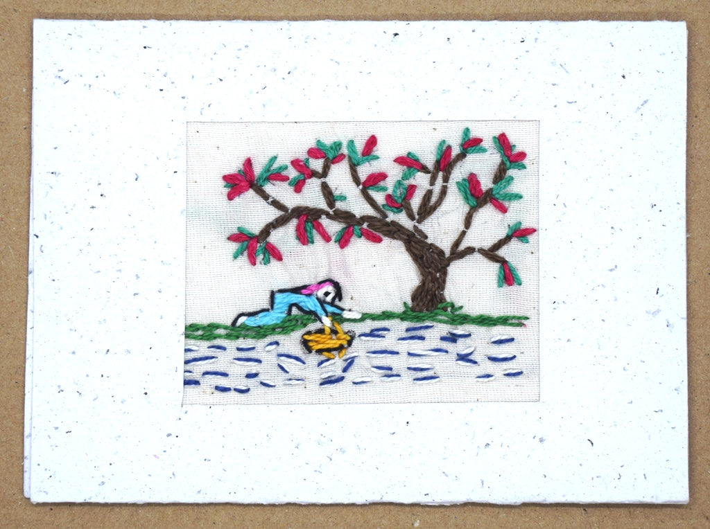 Card, embroidered, Village collection-River bank