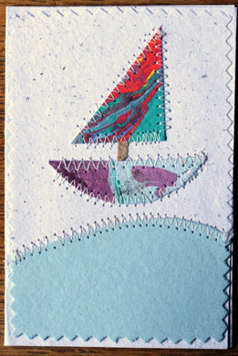 Card, collage, stitched Boat